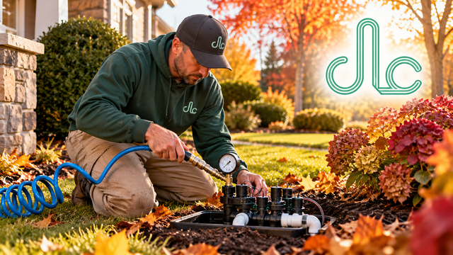 DLC landscaping professional servicing an irrigation system in a residential yard during fall